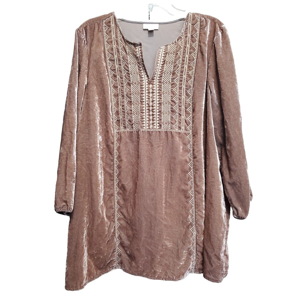 J Jill Brown Crushed Velvet Embroidered Boho Split Neck Tunic Size Large